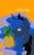Size: 1263x2048 | Tagged: safe, artist:riukime, princess luna, alicorn, pony, g4, blushing, bust, female, food, herbivore, japanese, looking at you, magic, magic aura, mare, orange background, pineapple, simple background, solo, telekinesis, translation request