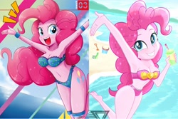 Size: 2289x1526 | Tagged: safe, artist:the-butch-x, artist:theretroart88, edit, gummy, pinkie pie, alligator, human, equestria girls, equestria girls series, g4, too hot to handle, armpits, bandeau, bare shoulders, barefoot, beach, beach babe, belly button, bikini, bikini babe, blue swimsuit, bracelet, breasts, busty pinkie pie, cleavage, clothes, cute, cutie mark on equestria girl, diapinkes, feet, female, frilled swimsuit, garter, garter belt, garters, grin, jewelry, jumping, looking at you, ocean, open mouth, pinkie pie swimsuit, polka dot swimsuit, signature, sleeveless, smiling, solo, swimsuit, teenager, water, wet, wristband, x summer, x summer rework