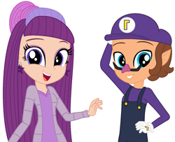 Size: 1233x999 | Tagged: safe, artist:leah2007, artist:user15432, human, equestria girls, g4, barely eqg related, barely pony related, base used, clothes, crossover, dress, duo, ear piercing, earring, equestria girls style, equestria girls-ified, gloves, hand on hip, jewelry, looking at you, male, open mouth, overalls, piercing, purple dress, rainbow high, shirt, simple background, super mario bros., sweater, undershirt, violet willow, waluigi, waluigi's hat, white background