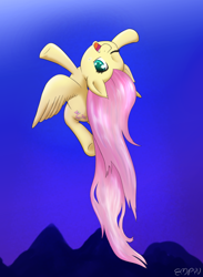 Size: 880x1200 | Tagged: safe, artist:empyu, fluttershy, pegasus, pony, g4, flying, looking at you, looking back, looking back at you, one eye closed, open mouth, open smile, smiling, solo, upside down