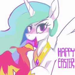 Size: 1250x1250 | Tagged: safe, artist:baigak, philomena, princess celestia, alicorn, phoenix, pony, g4, blushing, duo, easter, female, happy easter, holiday, mare, open mouth, open smile, simple background, smiling, spread wings, tongue out, white background, wings