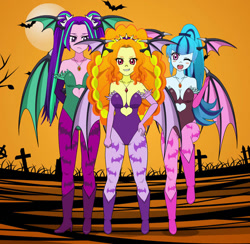 Size: 905x883 | Tagged: safe, artist:megatoon1234, adagio dazzle, aria blaze, sonata dusk, bat, human, equestria girls, g4, bat wings, blush sticker, blushing, boots, clothes, cosplay, costume, darkstalkers, gloves, grin, high heel boots, horn, jewelry, kisekae, leotard, necklace, one eye closed, open mouth, open smile, shoes, smiling, the dazzlings, trio, wings, wink