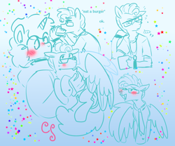 Size: 1430x1188 | Tagged: safe, artist:cutiesparke, feather flatterfly, oc, oc:chocolate panini, pegasus, pony, unicorn, anthro, g4, anthro with ponies, blue background, blushing, bracelet, burger, clothes, eating, flustered, food, glasses, holding a pony, jewelry, male, necktie, shirt, simple background, stallion, wings