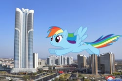 Size: 800x533 | Tagged: safe, artist:starryshineviolet, edit, rainbow dash, pegasus, pony, g4, female, giant pony, giantess, highrise ponies, irl, macro, mare, north korea, photo, ponies in real life, pyongyang, solo