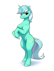 Size: 2413x3200 | Tagged: safe, artist:aquaticvibes, lyra heartstrings, pony, unicorn, bipedal, female, mare, simple background, smiling, solo, white background