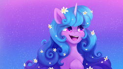 Size: 3840x2160 | Tagged: safe, artist:saphypone, izzy moonbow, pony, unicorn, g5, blushing, chest fluff, cute, female, flower, flower in hair, happy, high res, izzybetes, mare, open mouth, open smile, smiling, solo, stars