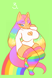 Size: 670x1000 | Tagged: safe, artist:waifupanda, oc, oc only, unicorn, anthro, unguligrade anthro, big breasts, breasts, cleavage, clothes, female, green background, horn, multicolored hair, rainbow hair, rainbow socks, simple background, socks, solo, stockings, striped socks, thigh highs, thighs, thunder thighs, unicorn oc, wide hips