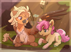 Size: 1024x750 | Tagged: safe, artist:hopenotfound, oc, oc only, oc:amethyst, oc:autumn breeze, hippogriff, pony, female, filly, foal, interspecies offspring, magical lesbian spawn, offspring, parent:apple bloom, parent:diamond tiara, parent:gabby, parent:scootaloo, parents:diamondbloom, parents:gabbyloo