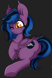 Size: 670x1008 | Tagged: artist needed, safe, oc, oc:stormy night, bat pony, bat wings, butt, one eye closed, plot, wings