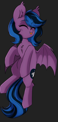 Size: 664x1395 | Tagged: artist needed, safe, oc, oc:stormy night, bat pony, bat wings, eyes closed, lying down, on back, smiling, wings