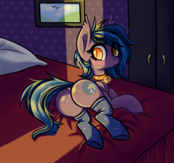 Size: 1216x1139 | Tagged: artist needed, safe, oc, oc:stormy night, bat pony, bed, bell, butt, collar, commission, in bed, looking at you, looking back, looking back at you, plot, ych result