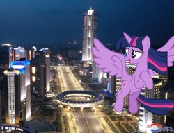 Size: 715x549 | Tagged: safe, edit, twilight sparkle, alicorn, pony, g4, 1000 hours in ms paint, female, giant pony, giantess, highrise ponies, irl, macro, mare, night, north korea, photo, ponies in real life, pyongyang, twilight sparkle (alicorn)