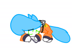 Size: 1953x1380 | Tagged: safe, artist:ask-light-rain-and-buds, oc, oc only, pony, bound wings, chains, clothes, cuffs, prison outfit, prisoner, sad, shackles, simple background, solo, white background, wings