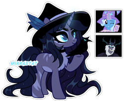 Size: 3420x2772 | Tagged: safe, artist:mirrastat, storm king, trixie, oc, pony, unicorn, g4, my little pony: the movie, base used, chest fluff, choker, crack ship offspring, eyelashes, female, glowing, glowing horn, hat, high res, horn, interspecies offspring, magic, makeup, mare, offspring, one eye closed, parent:storm king, parent:trixie, raised hoof, simple background, smiling, telekinesis, transparent background, underhoof, unicorn oc, wink, witch hat