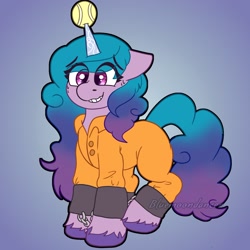 Size: 1640x1639 | Tagged: safe, artist:bluemoon, izzy moonbow, pony, unicorn, g5, ball, bound wings, clothes, cuffs, cute, grin, horn, hornball, izzy's tennis ball, izzybetes, nervous, nervous smile, prison outfit, prisoner, prisoner im, shackles, smiling, solo, tennis ball, wings