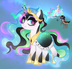 Size: 3056x2906 | Tagged: safe, artist:whohwo, king sombra, princess celestia, oc, alicorn, pony, unicorn, g4, base used, boots, clothes, colored horn, crown, curved horn, ethereal mane, eyelashes, female, glowing, glowing horn, high res, hoof shoes, horn, jewelry, mare, offspring, parent:king sombra, parent:princess celestia, parents:celestibra, peytral, regalia, robe, shoes, sombra eyes, sombra horn, starry mane, tiara, unicorn oc