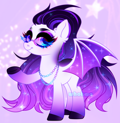 Size: 3032x3116 | Tagged: safe, artist:whohwo, oc, oc only, bat pony, pony, base used, bat pony oc, bat wings, colored hooves, ear fluff, ethereal mane, eyelashes, female, high res, mare, raised hoof, solo, starry mane, starry wings, sunglasses, wings