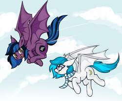 Size: 700x583 | Tagged: artist needed, safe, oc, oc:stormy night, oc:xenia amata, bat pony, bat wings, flying, looking at each other, looking at someone, race, wings