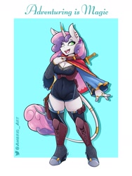Size: 1800x2400 | Tagged: safe, artist:ambris, sweetie belle, classical unicorn, unicorn, anthro, plantigrade anthro, unguligrade anthro, adventuring is magic, g4, alternate hairstyle, bard, belt, boots, breasts, cape, cleavage, clothes, crossbow, cute, diasweetes, dungeons and dragons, ear piercing, earring, eyeshadow, fantasy class, female, greaves, hoof boots, horn, horn ring, jewelry, leonine tail, makeup, minidress, older, older sweetie belle, one eye closed, open mouth, open smile, pen and paper rpg, piercing, ring, rpg, shirt, shoes, smiling, solo, stockings, sword, tail, tail ring, thigh boots, thigh highs, unshorn fetlocks, weapon, wink, zettai ryouiki