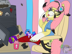 Size: 1600x1200 | Tagged: safe, artist:gray star, derpibooru exclusive, izzy moonbow, oc, oc only, oc:sunny side(gray star), pegasus, pony, unicorn, g5, choker, clothes, female, gaming, gaming headset, headset, pc, plushie, pride, pride flag, socks, trans female, transgender, transgender oc, transgender pride flag