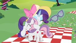 Size: 1920x1080 | Tagged: safe, artist:spookitty, screencap, rarity, sweetie belle, pony, unicorn, g4, basket, bow, butt, female, filly, foal, hat, hug, hugging a pony, picnic, picnic basket, picnic blanket, plot, siblings, sisters, sunglasses
