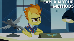 Size: 1280x720 | Tagged: safe, edit, edited screencap, editor:quoterific, screencap, spitfire, pegasus, pony, g4, season 3, wonderbolts academy, clothes, desk, desk lamp, female, mare, necktie, solo, spitfire's office, spitfire's tie, text, uniform, wonderbolts dress uniform