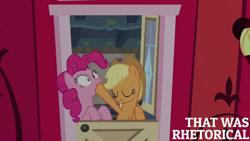 Size: 1280x720 | Tagged: safe, edit, edited screencap, editor:quoterific, screencap, applejack, pinkie pie, earth pony, pony, g4, pinkie apple pie, season 4, applejack's hat, cowboy hat, duo, eyes closed, female, hat, mare, smiling, sweet apple acres, text