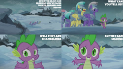 Size: 1280x720 | Tagged: safe, edit, edited screencap, editor:quoterific, screencap, amethyst stone, radiant gold, spike, dragon, pegasus, pony, g4, season 6, the times they are a changeling, armor, crystal guard, crystal guard armor, male, open mouth, royal guard, smiling, snow, stallion, text