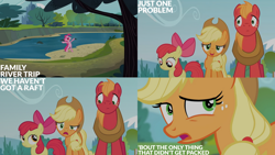 Size: 1280x720 | Tagged: safe, edit, edited screencap, editor:quoterific, screencap, apple bloom, applejack, big macintosh, pinkie pie, earth pony, pony, g4, pinkie apple pie, season 4, apple bloom's bow, applejack's hat, bipedal, bow, cowboy hat, female, filly, foal, hair bow, hat, male, mare, nose in the air, open mouth, open smile, smiling, stallion, text, uvula, volumetric mouth