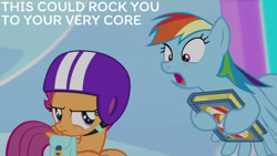 Size: 1280x720 | Tagged: safe, edit, edited screencap, editor:quoterific, screencap, rainbow dash, scootaloo, pegasus, pony, g4, parental glideance, season 7, bag, book, duo, female, filly, flying, foal, helmet, mare, open mouth, saddle bag, spread wings, text, wings