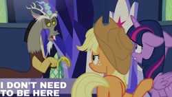 Size: 1280x720 | Tagged: safe, edit, edited screencap, editor:quoterific, screencap, applejack, discord, twilight sparkle, alicorn, draconequus, earth pony, pony, g4, season 9, the beginning of the end, applejack's hat, butt, cowboy hat, floppy ears, hat, male, open mouth, plot, text, trio, twilight sparkle (alicorn), twilight's castle