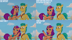 Size: 1280x720 | Tagged: safe, edit, edited screencap, editor:quoterific, screencap, hitch trailblazer, sunny starscout, earth pony, pony, g5, my little pony: tell your tale, the unboxing of izzy, spoiler:g5, spoiler:my little pony: tell your tale, spoiler:tyts01e06, :o, duo, female, male, mane stripe sunny, mare, open mouth, open smile, pun, smiling, stallion, text