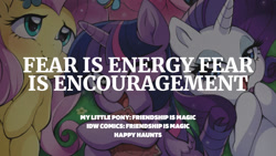 Size: 1280x720 | Tagged: safe, edit, editor:quoterific, idw, fluttershy, rarity, twilight sparkle, alicorn, pegasus, pony, unicorn, g4, book, female, happy haunts, mare, open mouth, open smile, smiling, text, trio, twilight sparkle (alicorn)