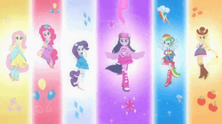 Size: 600x336 | Tagged: safe, screencap, applejack, fluttershy, pinkie pie, rainbow dash, rarity, twilight sparkle, human, equestria girls, g4, my little pony equestria girls, animated, bare shoulders, belt, boots, bracelet, clothes, cowboy boots, cowboy hat, cutie mark on clothes, fall formal outfits, female, fingerless gloves, gif, gloves, grin, hairpin, hand on hip, hat, humane five, humane six, jewelry, magical girl, open mouth, open smile, ponied up, shoes, sleeveless, smiling, spread wings, strapless, twilight ball dress, twilight sparkle (alicorn), wings