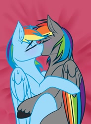 Size: 662x900 | Tagged: safe, artist:aepp, rainbow dash, oc, oc:dark rainbow, pegasus, pony, g4, bed, blushing, canon x oc, colored wings, commission, cuddling, darsh, duo, eyes closed, female, kissing, male, mare, multicolored wings, pegasus oc, rainbow wings, sexy, stallion, straight, wings, ych result