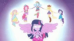 Size: 600x336 | Tagged: safe, screencap, applejack, fluttershy, pinkie pie, rainbow dash, rarity, twilight sparkle, alicorn, human, equestria girls, g4, my little pony equestria girls, animated, bare shoulders, belt, boots, bracelet, clothes, cowboy boots, cowboy hat, cutie mark on clothes, eyes closed, fall formal outfits, female, fingerless gloves, flying, gif, gloves, glowing, glowing eyes, hairpin, hat, holding hands, humane five, humane six, jewelry, magical girl, night, open mouth, open smile, ponied up, shoes, sleeveless, smiling, spread wings, strapless, twilight ball dress, twilight sparkle (alicorn), wings