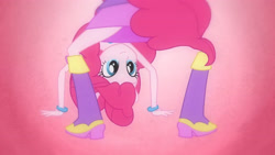 Size: 3410x1920 | Tagged: safe, screencap, pinkie pie, human, equestria girls, g4, my little pony equestria girls, bare shoulders, boots, cute, diapinkes, fall formal outfits, female, high heels, looking between legs, shoes, sleeveless, smiling, solo, strapless, upside down