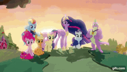 Size: 640x360 | Tagged: safe, screencap, applejack, fluttershy, pinkie pie, rainbow dash, rarity, spike, twilight sparkle, alicorn, dragon, earth pony, pegasus, pony, unicorn, g4, season 9, the last problem, animated, animated screencap, applejack's hat, book, closing the book, clothes, cowboy hat, crown, end of ponies, female, flying, gif, gifs.com, gigachad spike, hat, hoof shoes, jewelry, male, mane seven, mane six, mare, older, older applejack, older fluttershy, older mane seven, older mane six, older pinkie pie, older rainbow dash, older rarity, older spike, older twilight, older twilight sparkle (alicorn), peytral, princess shoes, princess twilight 2.0, regalia, shoes, skunk stripe, smiling, spread wings, sunset, thank you lauren, the end, the magic of friendship grows, twilight sparkle (alicorn), winged spike, wings