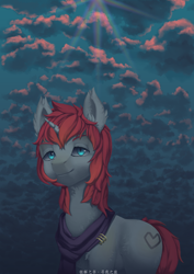 Size: 2480x3508 | Tagged: safe, artist:aurorarhythm, oc, pony, unicorn, bsm, cloud, cloudy, high res, lens flare, outdoors, smiling, solo