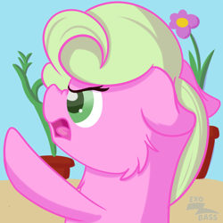 Size: 1000x1000 | Tagged: safe, artist:exobass, daisy, flower wishes, pony, g4, cheek fluff, disgusted, expressions, female, floppy ears, flower, solo, tongue out