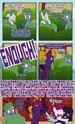 Size: 1920x3168 | Tagged: safe, artist:alexdti, oc, oc only, oc:brainstorm (alexdti), oc:purple creativity, oc:star logic, pegasus, pony, unicorn, comic:quest for friendship, angry, bush, caught, comic, dialogue, ears back, eye contact, female, folded wings, glasses, gritted teeth, high res, hooves, horn, hug, i can explain, looking at each other, looking at someone, male, mare, narrowed eyes, nose in the air, open mouth, outdoors, pegasus oc, ponytail, raised hoof, shrunken pupils, speech bubble, spread wings, stallion, standing, teeth, underhoof, unicorn oc, wings, yelling