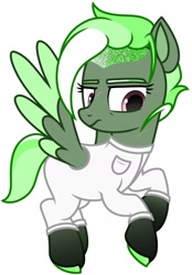 Size: 1368x1960 | Tagged: safe, artist:dancingkinfiend, derpibooru exclusive, oc, oc only, oc:virulent conveyance, pegasus, pony, fanfic:pegasus device, fanfic:rainbow factory, g4, base used, caption, clothes, coat markings, colored hooves, colored wings, fanfic art, female, flying, frown, green fur, hooves, image macro, lab coat, mare, multicolored hair, pegasus device, pegasus oc, scar, shaved mane, short hair, short mane, short tail, simple background, socks (coat markings), solo, spread wings, suit, tail, white background, wings