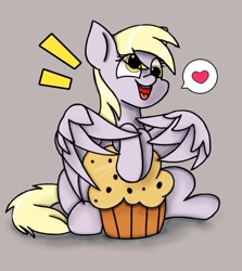 Size: 1117x1255 | Tagged: safe, artist:twiliset, derpy hooves, pegasus, pony, g4, cute, derpabetes, emanata, food, gray background, happy, heart, looking at you, muffin, protecting, simple background, smiling, smiling at you, solo, spoken heart, talking, wings