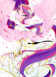 Size: 2544x3501 | Tagged: safe, artist:kisselmr, princess cadance, alicorn, anthro, canterlot wedding 10th anniversary, g4, bouquet of flowers, clothes, dress, eyebrows, eyebrows visible through hair, eyes closed, female, grin, high res, marriage, rear view, royal wedding, smiling, solo, spread wings, veil, wedding, wedding dress, wings