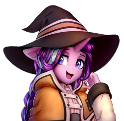 Size: 1809x1764 | Tagged: safe, artist:setharu, starlight glimmer, unicorn, anthro, collaboration:choose your starlight, alternate hairstyle, braid, bust, clothes, collaboration, cosplay, costume, crossover, cute, female, glimmerbetes, hand, hat, horn, looking at you, mare, open mouth, ponytail, portrait, simple background, smiling, solo, transparent background, witch hat, wizard hat