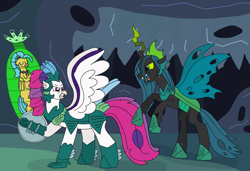 Size: 3167x2168 | Tagged: safe, artist:supahdonarudo, princess skystar, queen chrysalis, queen novo, changeling, changeling queen, classical hippogriff, hippogriff, canterlot wedding 10th anniversary, g4, my little pony: the movie, angry, armor, captured, changeling hive, cocoon, defending, eyes closed, female, fight, frown, high res, insect wings, knight, looking at each other, looking at someone, looking back, mama bear, protecting, rearing, rescue, shield, spread wings, trio, trio female, ultimate chrysalis, wings