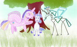 Size: 1748x1080 | Tagged: safe, artist:kujivunia, princess cadance, queen chrysalis, shining armor, alicorn, pony, unicorn, canterlot wedding 10th anniversary, g4, angry, blushing, experiment, forked tongue, grass, kiddo painting, quarrel, screaming, sitting, sky, tree