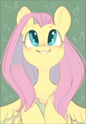 Size: 841x1200 | Tagged: safe, artist:melodylibris, fluttershy, pegasus, pony, g4, blushing, bust, chest fluff, cute, daaaaaaaaaaaw, eyebrows, female, full face view, green background, grin, hooves to the chest, looking up, mare, shyabetes, simple background, smiling, solo, spread wings, wings