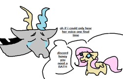 Size: 640x414 | Tagged: safe, artist:imiya, discord, fluttershy, draconequus, pegasus, pony, g4, crying, dark comedy, dialogue, female, implied death, implied discoshy, implied shipping, implied straight, male, mare, sad, simple background, solo, thought bubble, white background