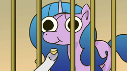 Size: 640x360 | Tagged: safe, artist:imiya, izzy moonbow, zipp storm, pegasus, pony, unicorn, g5, my little pony: a new generation, animated, food, frown, gif, hooves, jail, lemon, licking, offscreen character, scrunchy face, silly, solo focus, sour, tongue out, wat